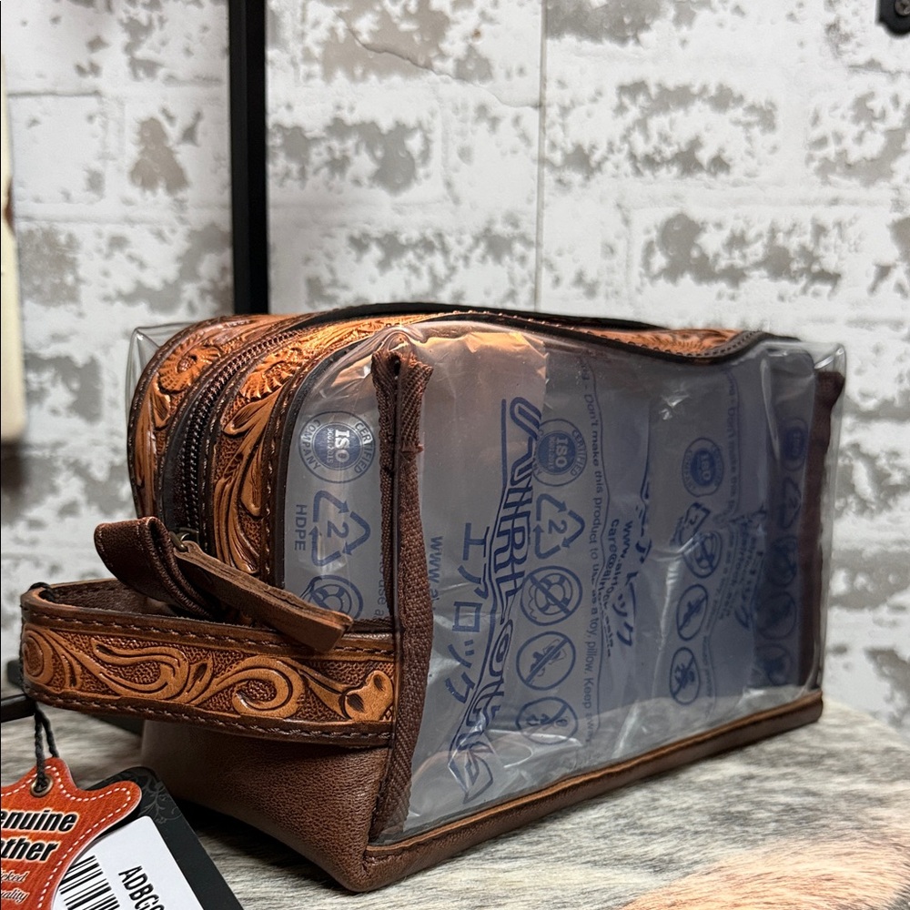American Darling Brown Tooled Leather Clear Panel Cosmetic Case